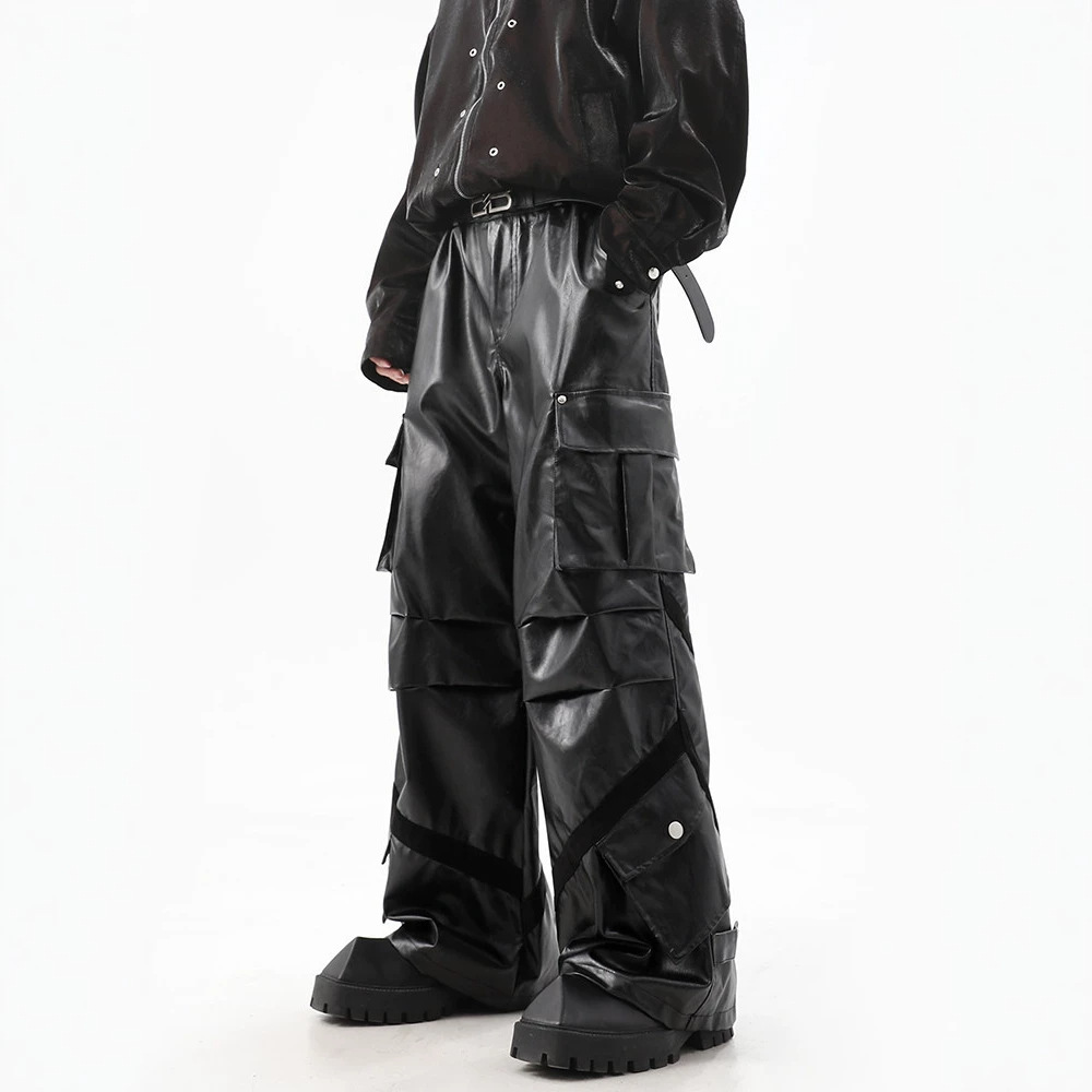 American-style high-end wide-leg cargo leather pants, men's floor-length black PU leather casual pants, niche design deconstructed pants