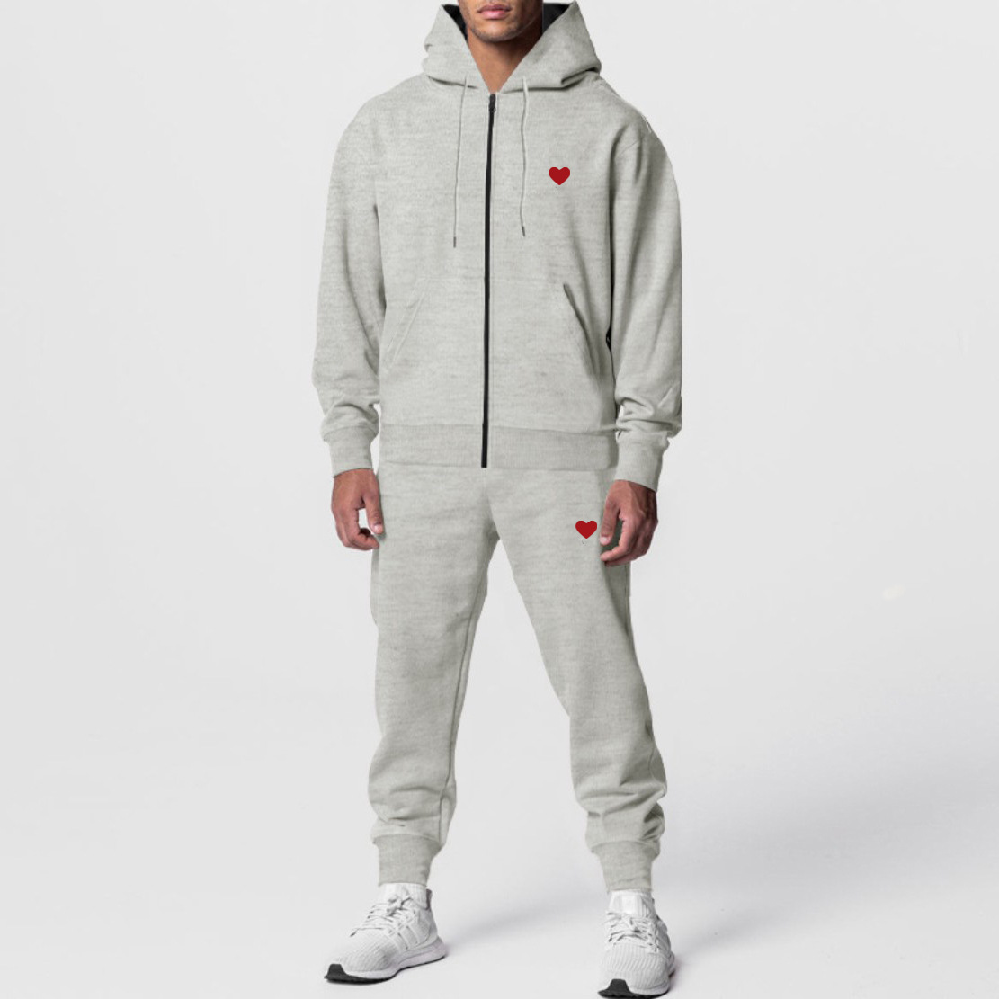 Men's Clothing autumn and winter men's love thick plate printing long sleeved trousers hooded sports leisure fleece warm and comfortable set_viptrois.com