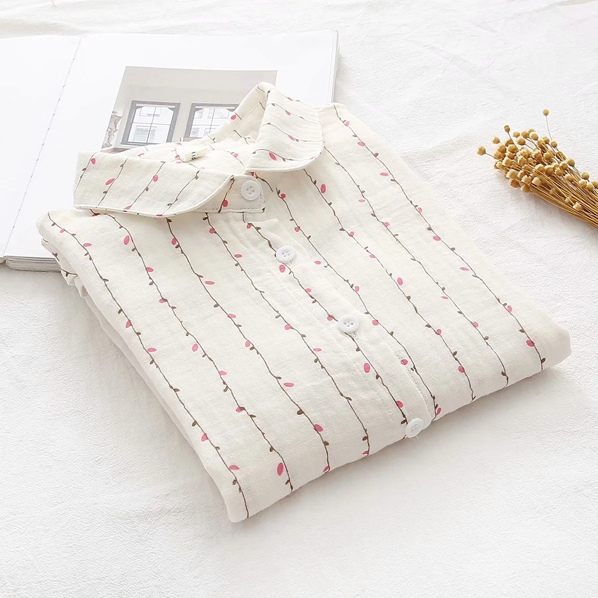 日系新款双层棉纱长袖衬衫女韩版宽松文艺小碎花棉柔软衬衣15167