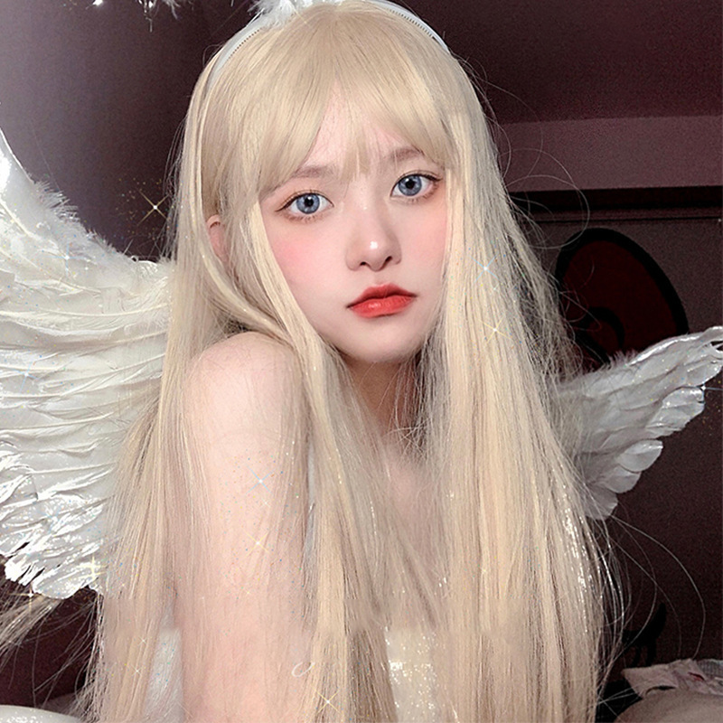 Japón y Corea del Sur explotaron el aire dorado claro cabello largo recto y peluca de frange natural realista fibra química cubierta de cabeza completa