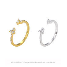 925纯银外贸批发镶锆石开口可调节精致小花朵戒指ins小众轻奢指环