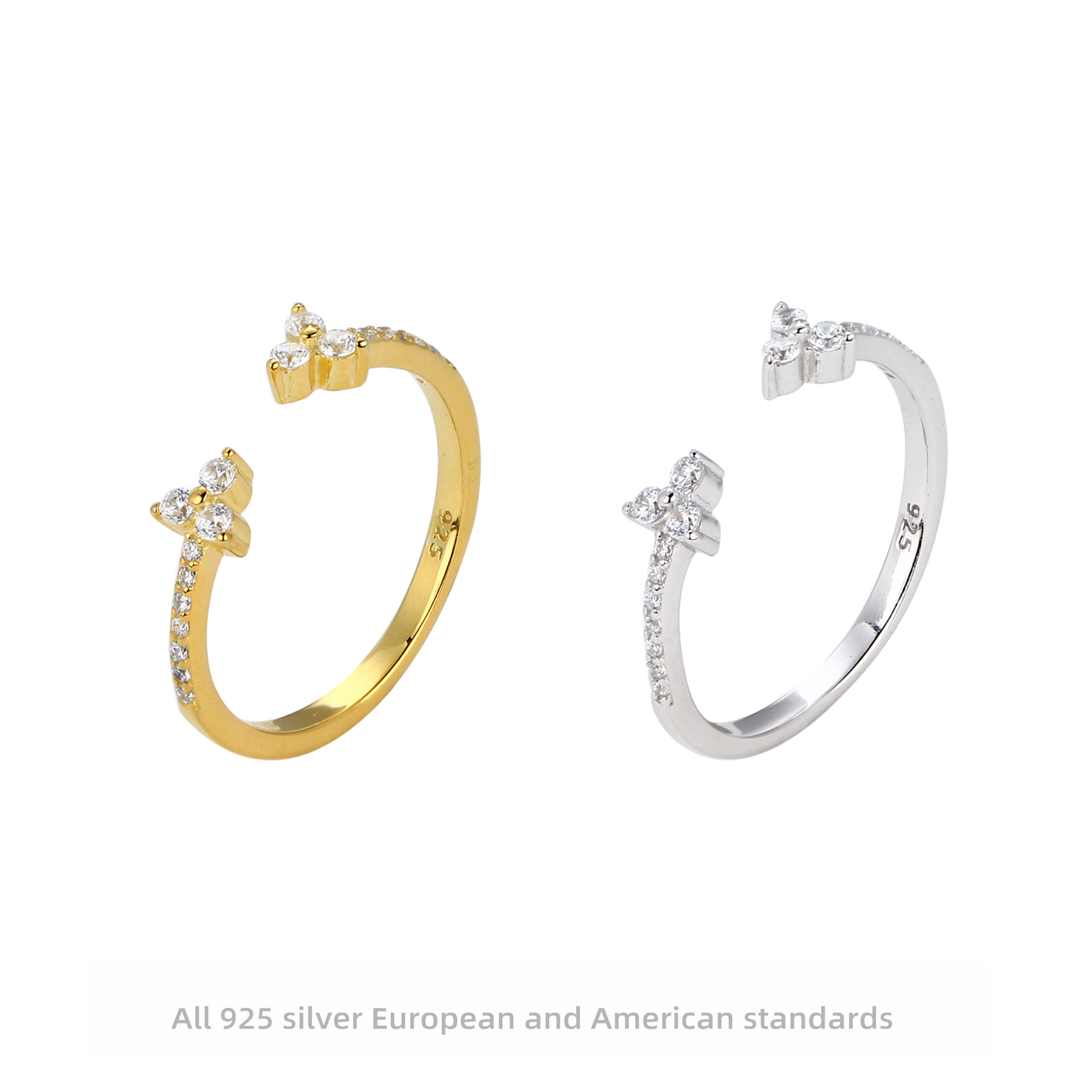 925纯银外贸批发镶锆石开口可调节精致小花朵戒指ins小众轻奢指环