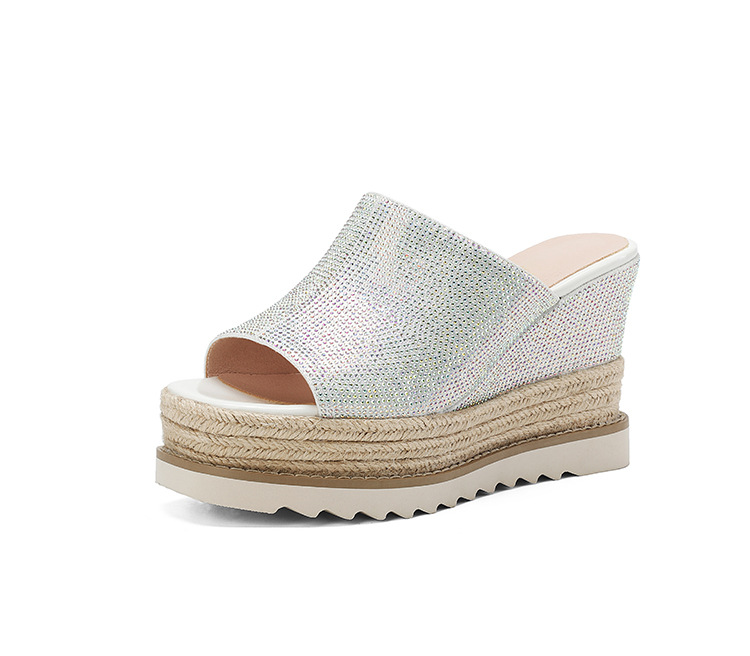 Sandal cao gót nữ đế xuồng đan rơm mũi hở đính đá — màu hồng nhạt, bạc chi tiết 17
