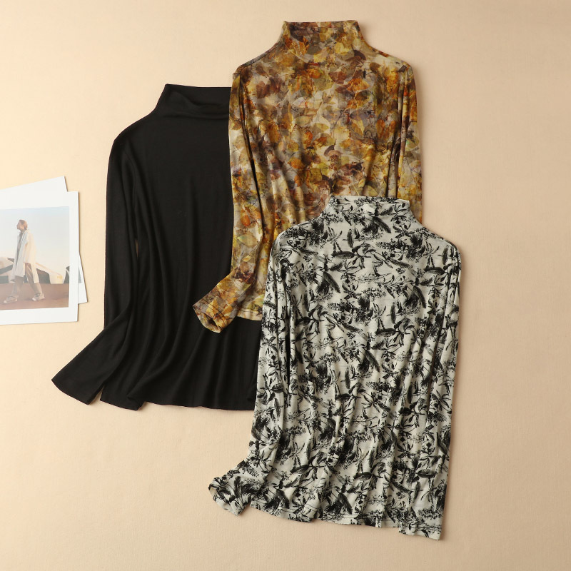 100% sheep wool delicate free collar semi-high collar long sleeve base shirt printed fashion outfit women's spring and autumn thin