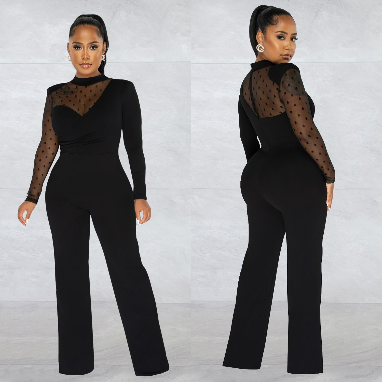 Women's Clothing fashion women's polka dot mesh see-through long-sleeved trousers solid color jumpsuit_voghion.com
