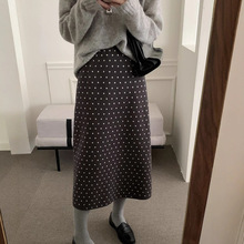 韩系温柔风波点针织半身裙女2025秋冬新款高腰百搭开叉长裙女1402