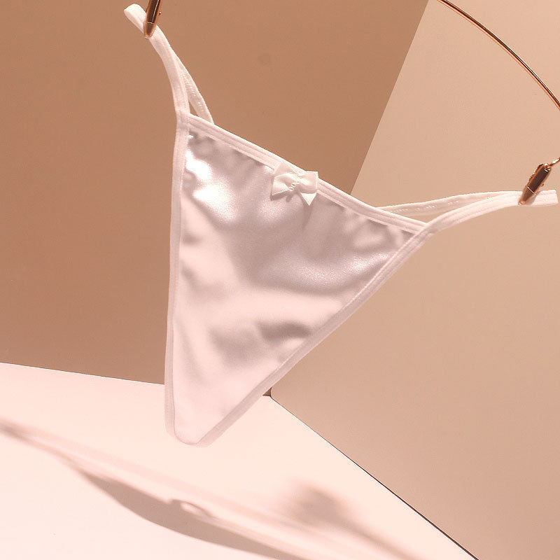 Foreign Trade Satin Thong Sexy Large Size Super Elastic Breathable Cotton Crotch Low Waist Pearl Bow Women's T-Pants Thin Style