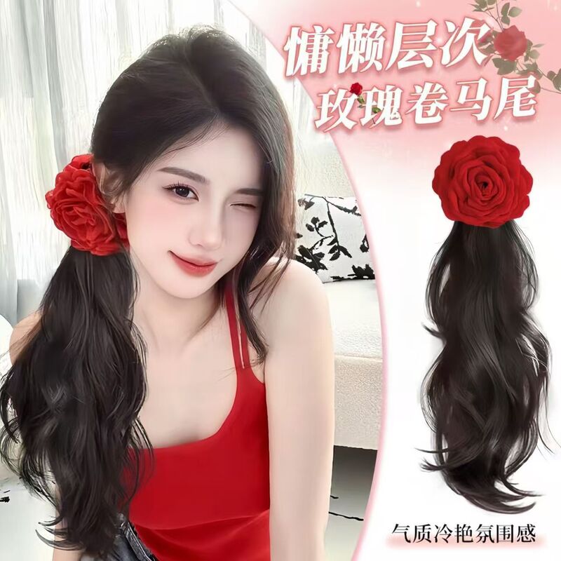 Red rose flower wig ponytail claw clip for women, side clip, slightly curled wig ponytail, artificial hair ponytail Red rose flower wig ponytail claw clip for women, side clip, slightly curled wig ponytail, artificial hair ponytail