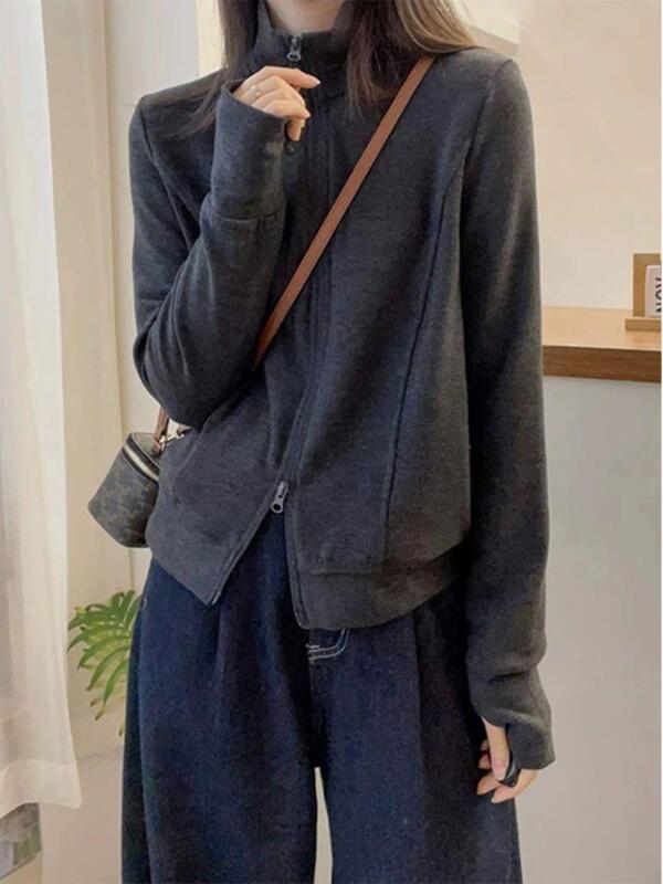 Double Zipper Stand Collar Gray Velvet Sweatshirt for Women 2025 New Style Casual Short Cardigan for Petite Figures