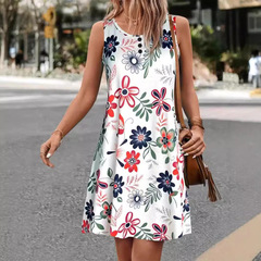 優雅な新型の婦人服の夏の花の丸首の通勤ベストの中で長いタイプの膝のワンピースのプリント