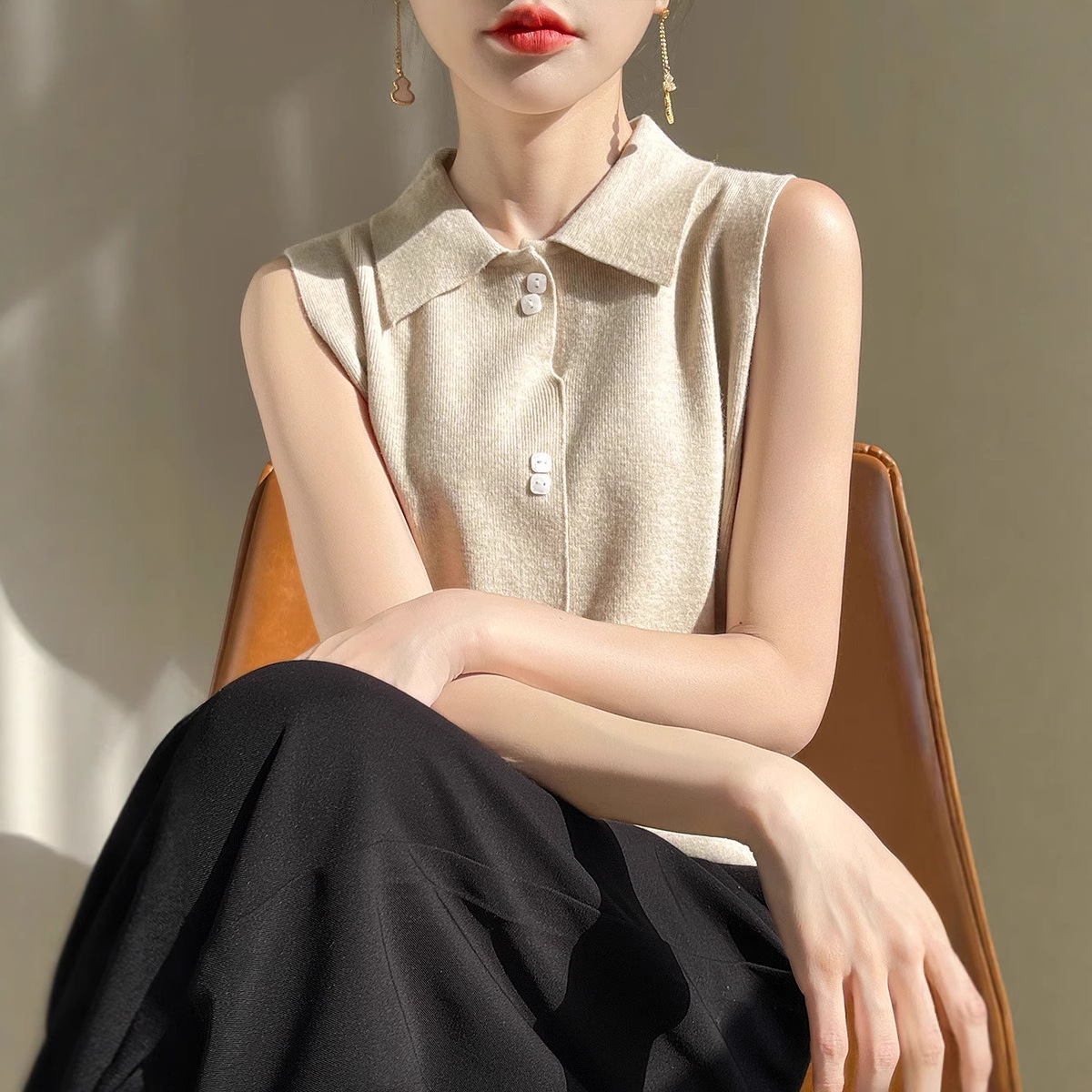 POLO领无袖衬衫式针织衫 女装设计感小众上衣 秋冬新款叠穿内搭