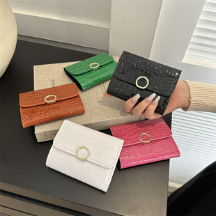 Small wallet women's short crocodile pattern round buckle ins Korean style new short mini buckle tri-fold coin purse card holder