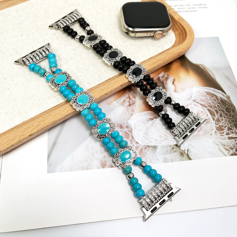 Double Row Turquoise Black Agate Elastic Strap Suitable for Apple Watch Wristband iWatch Smart Watch Strap