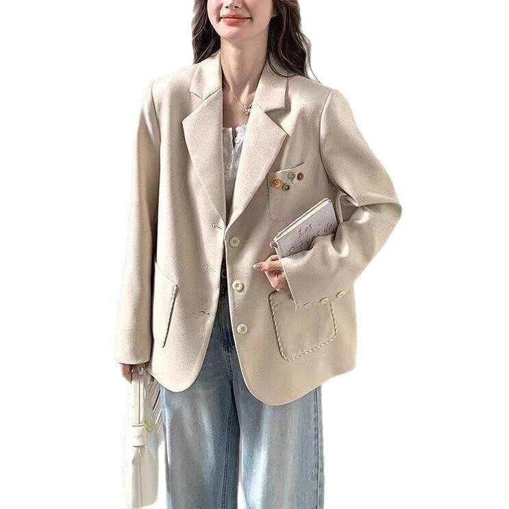 Áo vest nữ dáng suông thanh lịch, tay dài, cổ vest, phong cách công sở — Màu yến mạch (chất lượng cao)