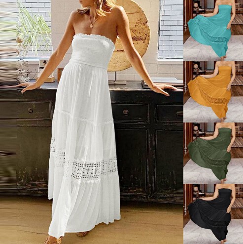 Amazon European and American 2023 Summer New Sexy Strapless Sleeveless Solid Color Dress Lace Stitching Holiday Dress