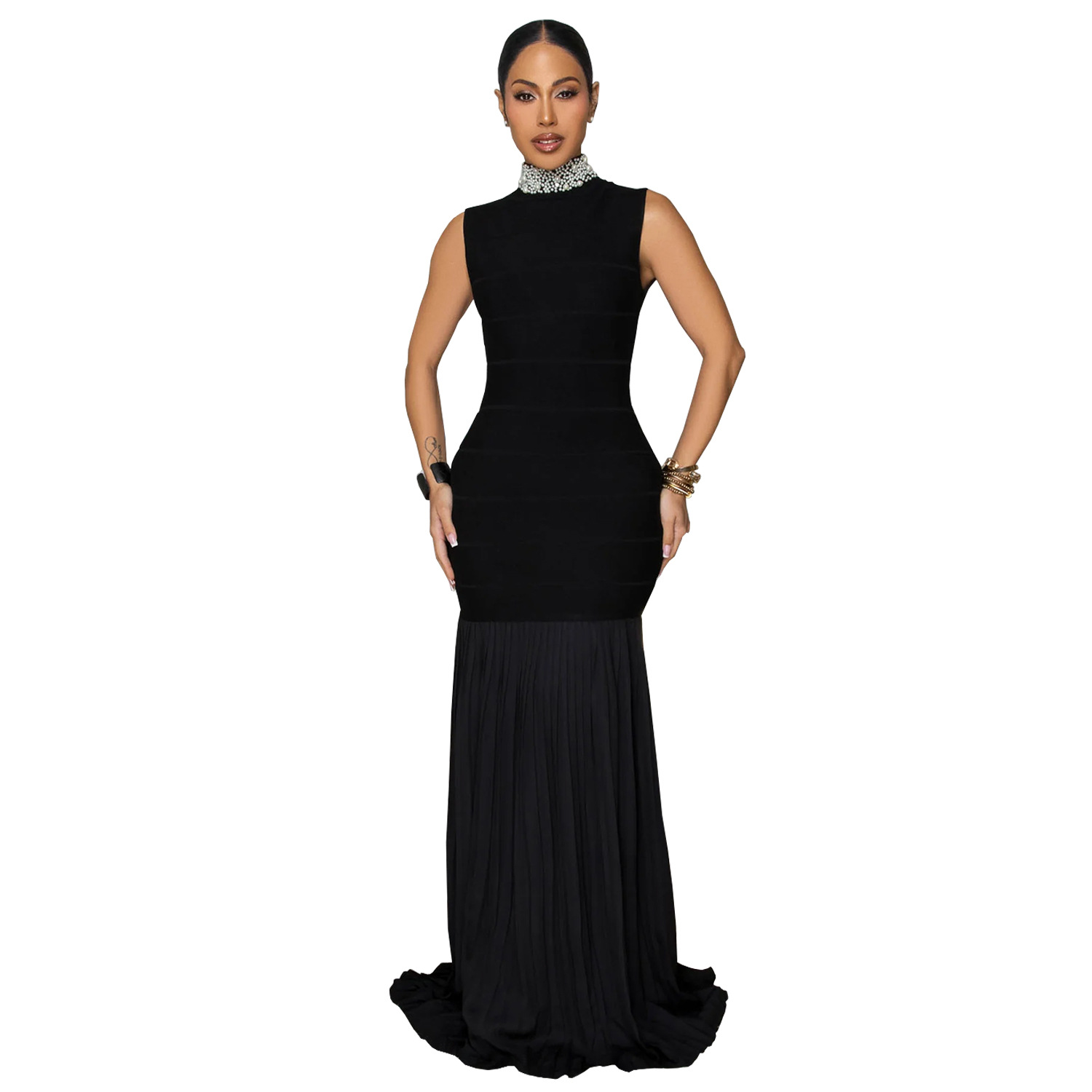 C7409 Cross-border AliExpress Amazon Moda europea y americana Ropa de mujer costura plisada temperamento delgado vestido de cuentas image 7