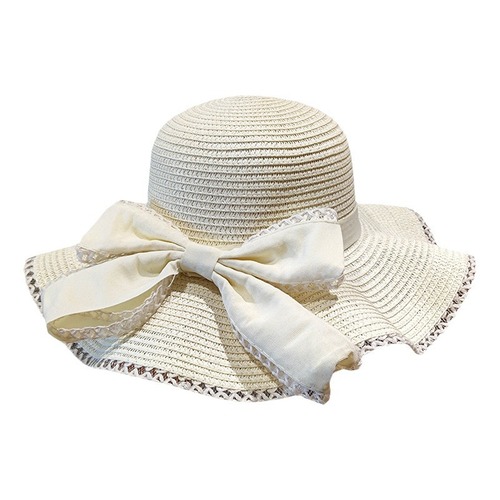 夏季蝴蝶结帽子大檐草帽户外沙滩遮阳帽优雅时尚女士波浪边防晒帽