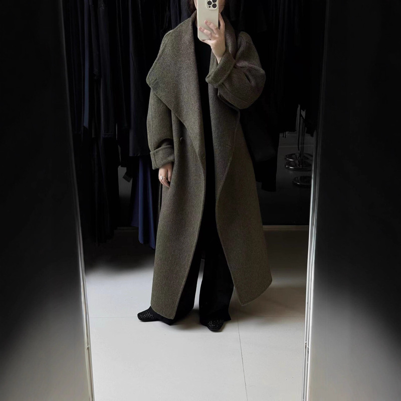 Lin'Er's New Long, High-End, Large Lapel, Elegant, Lazy Style, Thickened, Long Double-Sided Woolen Coat for Women