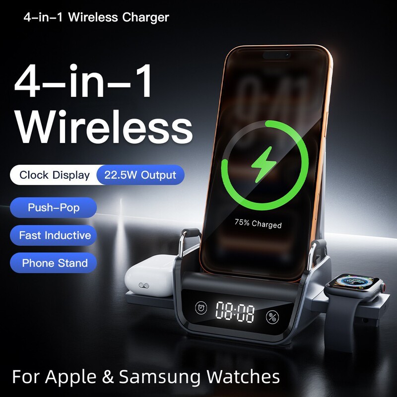 2026 New Multifunctional Four-In-One Wireless Charger Clock Apple Watch Charging Base with Phone Holder