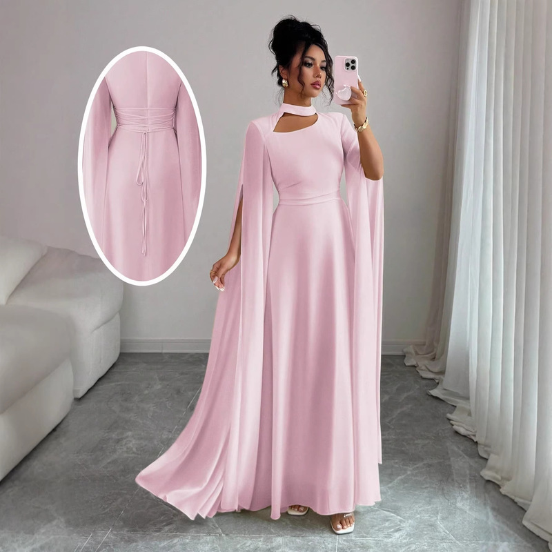 2025 Spring/Summer Cross-Border European and American Women's Fashion Lace-Up Cape Chain-Style Slim Fit Jumpsuit Party Dress Banquet Outfit