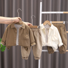 男童秋装套装2024新款儿童韩版春秋衣服宝宝纯色衬衫三件套潮