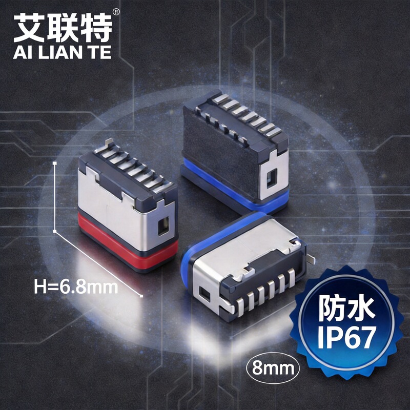Type-C 6P Vertical Waterproof Female Connector H=6.8 Upright Surface Mount U-Shaped All-Plastic Vertical Waterproof Female Connector