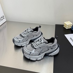 真皮网面厚底银色老爹鞋女2025秋季新款小个子增高轻便运动休闲鞋
