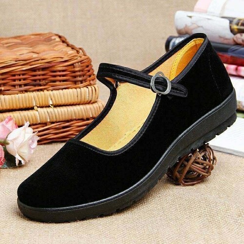 Factory Dropshipping Old Beijing Cloth Shoes Women's Flat Black With Belt For Hotel Work Etiquette Dance Black Cloth Shoes
