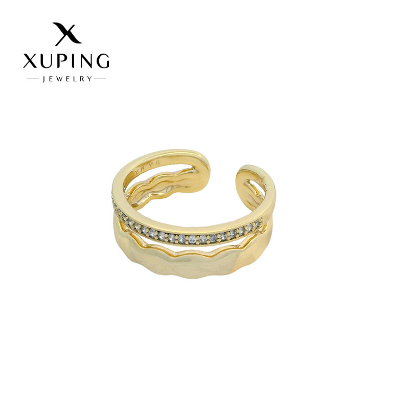 Anillo Xuping de nuevo estilo, de doble capa, con gemas artificiales, aleación chapada en color 14k, moderno y sencillo, ajustable y abierto, para mujer.