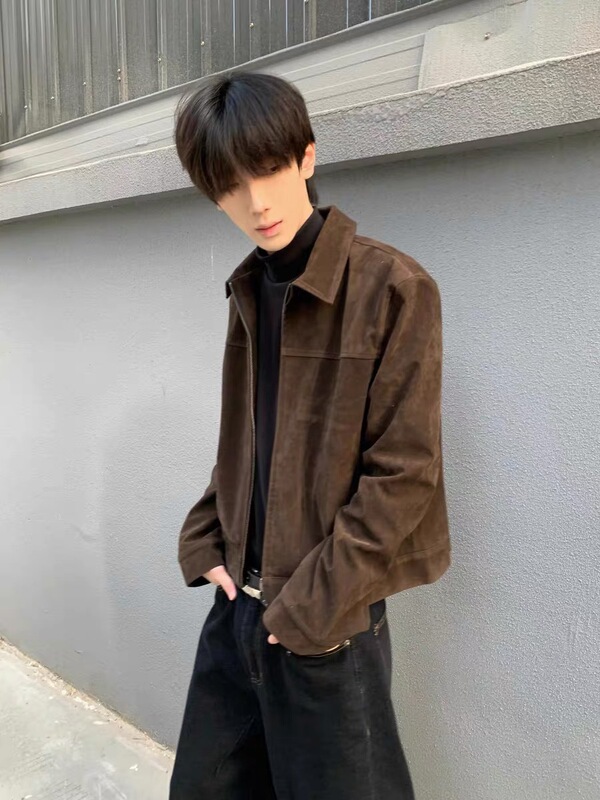 深棕色美式复古短款外套男款春秋高级感痞帅cleanfit正肩翻领夹克|undefined