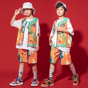 Children modern street jazz dance costumes colorful rapper gogo dancers trendy cool clothes summer girls jazz dance tie-dye  hiphop outfits for kids