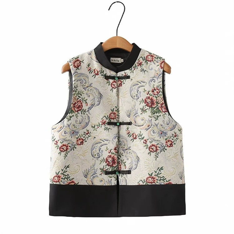 Женский жилет больших размеров, верхняя одежда, весна 2024, весенняя одежда, уменьшающая возраст девочек, жаккардовый жилет на молнии в национальном стиле, разрезной жилет 440