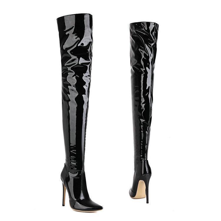Over the knee boots Women's Red boots Shiny patent leather thigh-high boots Sexy Thigh boots pointy heels_voghion.com