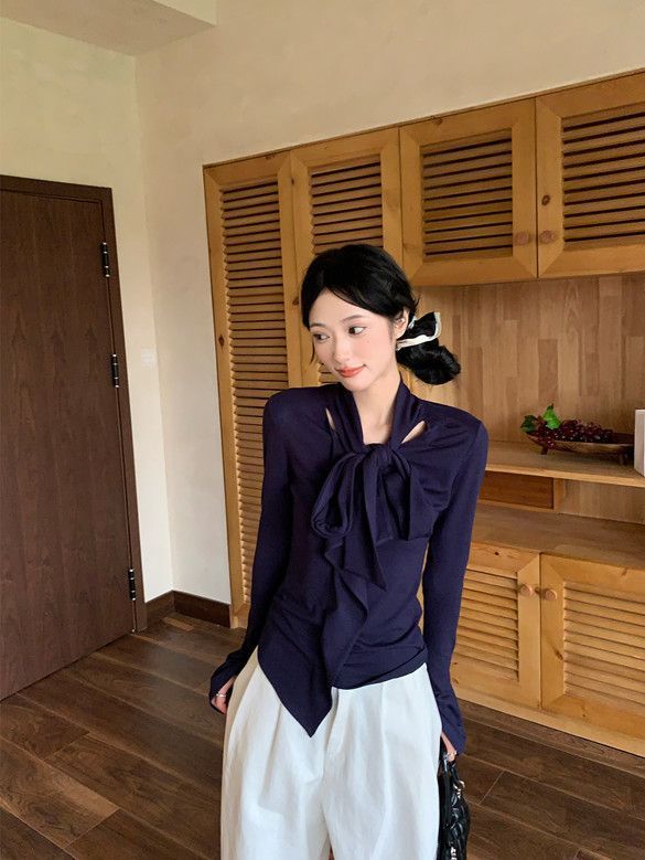 设计感荷叶边飘带长袖藏蓝色上衣女装秋季百搭打底衫修身内搭T恤|undefined