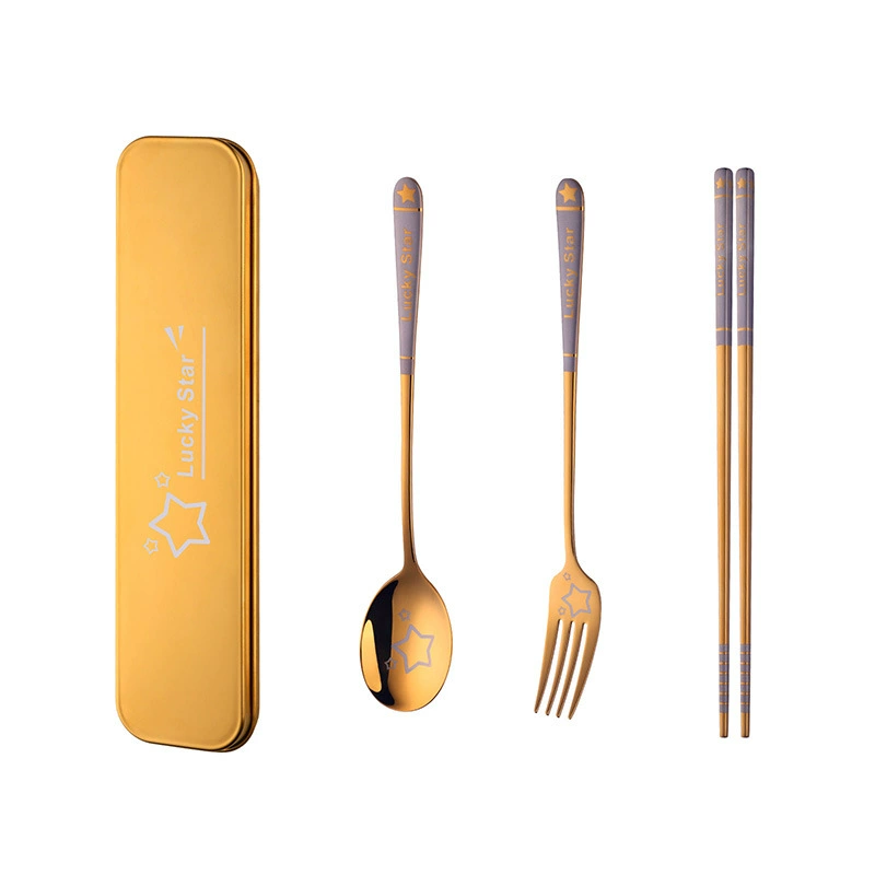 Cute handheld tableware, set stainless steel, chopsticks for elementary school students, spoon, fork, storage box, 4 piece set