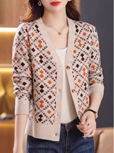 鄂尔多斯市羊毛衫开衫女秋冬减龄针织洋气提花拼色羊绒毛衣厚外套