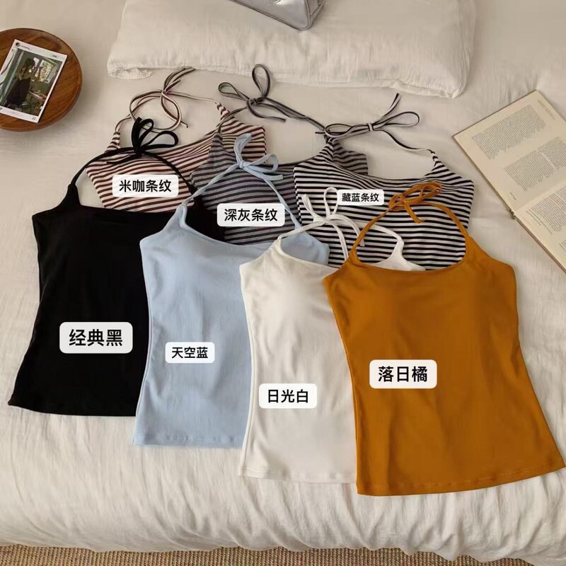 New Style Halter Neck Tie-Back Striped Tank Top for Women, Spring/Summer, with Chest Pads, Slim Fit, Versatile Camisole V31 # New Style Halter Neck Tie-Back Striped Tank Top for Women, Spring/Summer, with Chest Pads, Slim Fit, Versatile Camisole V31 #