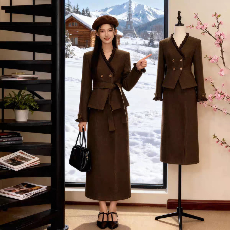 Winter New Style Maillard Outfit with a High-End Feel, New Year's Outfit, Elegant Coat and Skirt Set, Two Pieces Winter New Style Maillard Outfit with a High-End Feel, New Year's Outfit, Elegant Coat and Skirt Set, Two Pieces