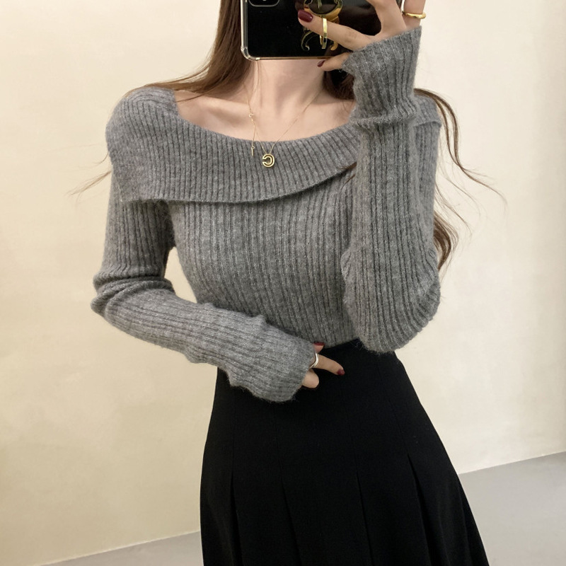 Design Niche Thickeneded Off-Shoulder Bottoming Shirt for Women Spring & Fall High-Bottom One-Shoulder Knitwear with Knitted Knitwear Top
