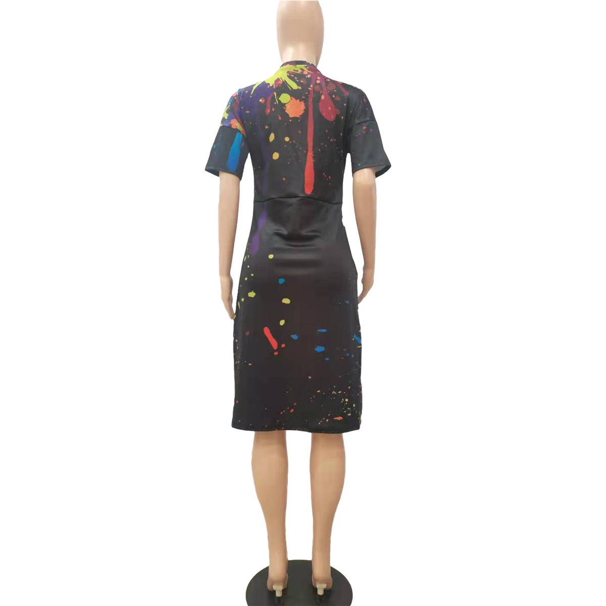 Loose Splashed Ink Printing V neck Casual Dress with Pocket