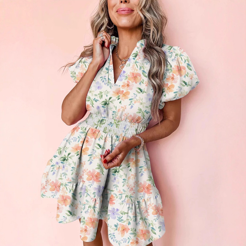 Trendy European and American Style Dress for Women, Cross-Border Pomisian Style, Summer New V-Neck Short-Sleeve Printed Mid-Length Dress
