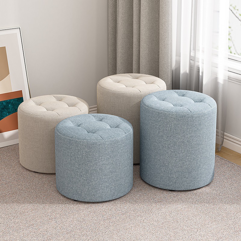Small Stool for Home Use, Solid Wood Low Stool for Living Room, Sofa Stool, Entryway Shoe-Changing Stool, Fabric Round Stool, Children's Small Bench