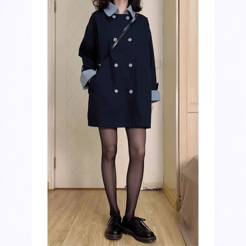 早秋季赫本风藏青色休闲宽松风衣外套2025新款女中长款感小个子潮|undefined