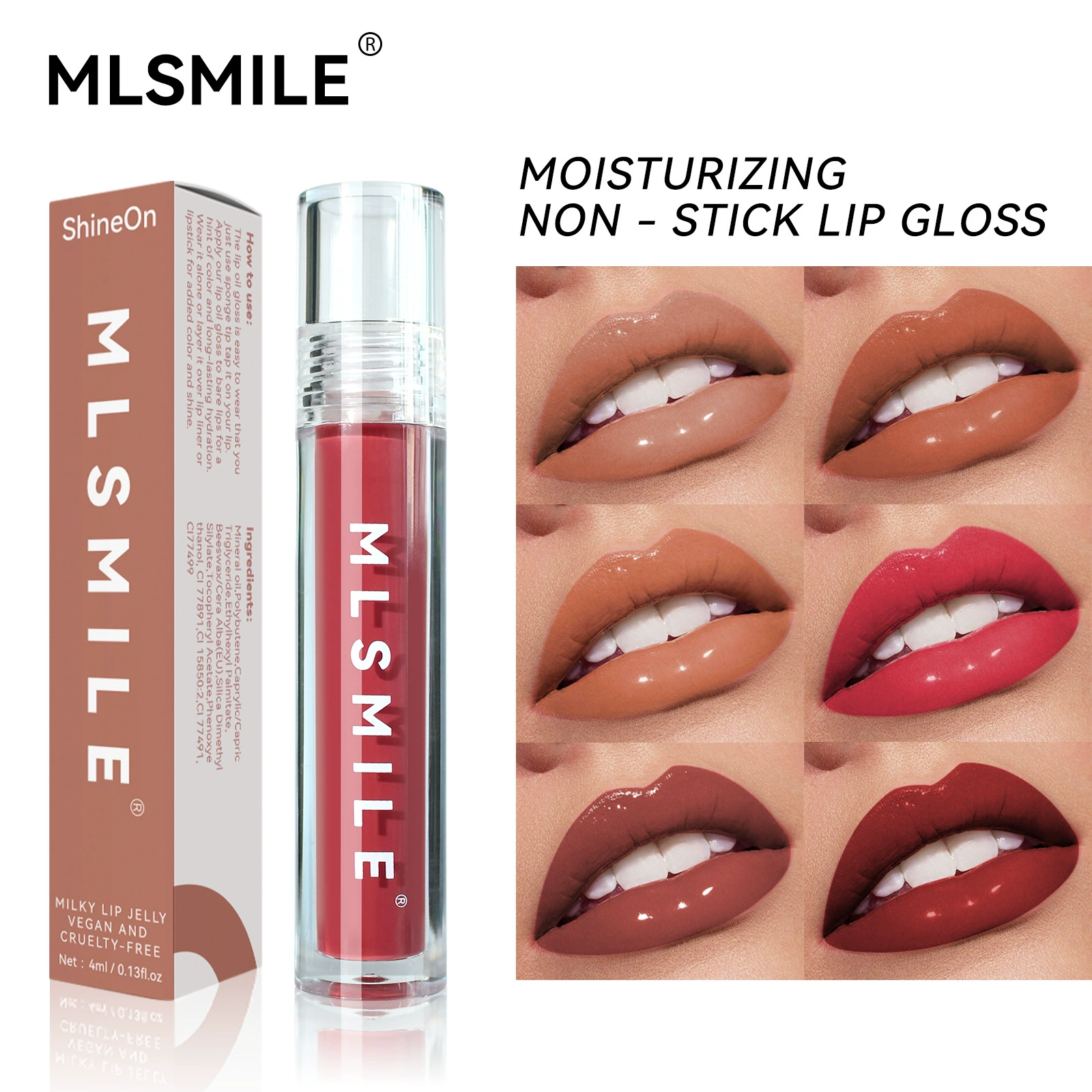 Glossy Moisturizing Lip Gloss (MLSMILE), 4 ml, Mirror Shine & Plumping Effect