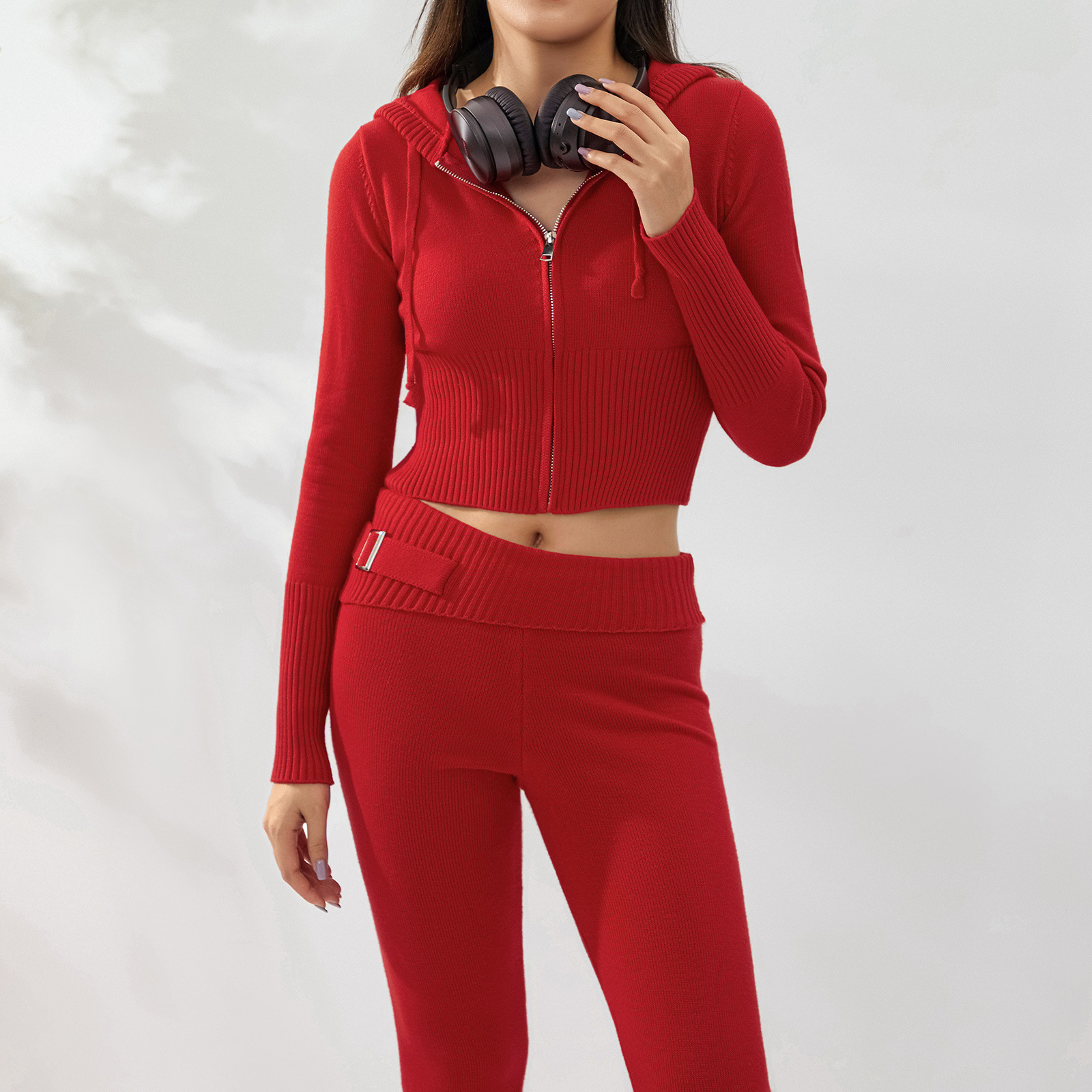 Ensemble deux pièces en tricot à capuche pour femme, pantalon sexy à manches longues et taille haute, à la mode_voghion.com