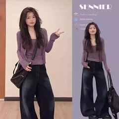 春季网红爆款穿搭女辣妹显瘦长袖针织开衫内搭牛仔阔腿裤三件套装