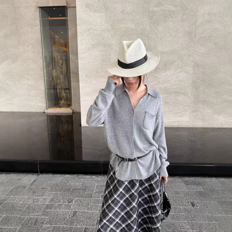 [Merino Cashmere] 25 Years Autum Pure Color Versatile Lapel Long-Sleeved Loose Casual Shirt Top Cardigan