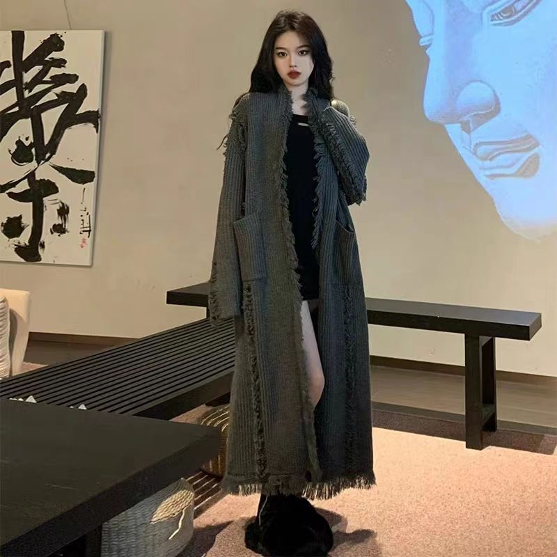 Tassel Grey Long Sweater Coat Women's Autumn and Winter Thickened New Loose Chic Knitted Cardigan Tassel Grey Long Sweater Coat Women's Autumn and Winter Thickened New Loose Chic Knitted Cardigan