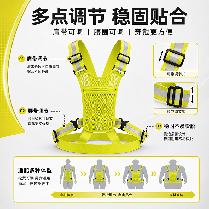 Reflective safety shoulder and waist belt for night running and cycling, high-brightness reflective vest in fluorescent green, adjustable with pockets, lightweight Reflective safety shoulder and waist belt for night running and cycling, high-brightness reflective vest in fluorescent green, adjustable with pockets, lightweight