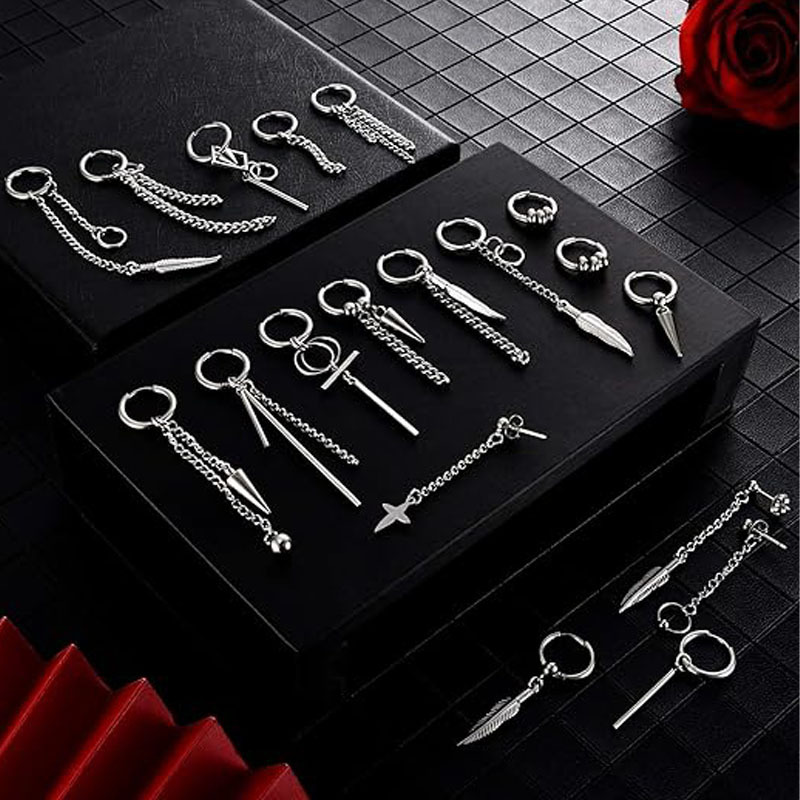 Cross-Border Hot Sale 20 Pieces Men's Pendant Earrings Stainless Steel Huggie Earrings